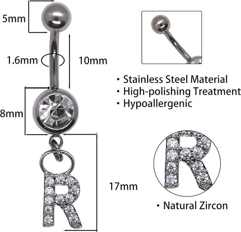 316L Stainless Steel Letter Belly Ring - 1.6mm Thickness, 10mm Bar Length, 8mm Zircon Charm, Hypoallergenic Navel Piercing Jewelry, High Polish Finish in Saudi Arabia