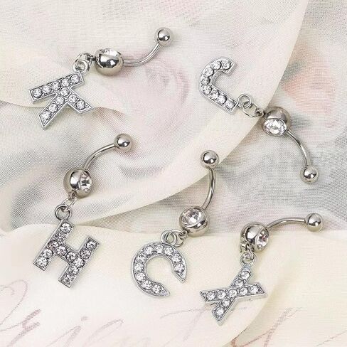 316L Stainless Steel Letter Belly Ring - 1.6mm Thickness, 10mm Bar Length, 8mm Zircon Charm, Hypoallergenic Navel Piercing Jewelry, High Polish Finish in Saudi Arabia