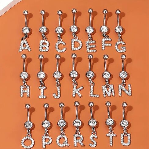 316L Stainless Steel Letter Belly Ring - 1.6mm Thickness, 10mm Bar Length, 8mm Zircon Charm, Hypoallergenic Navel Piercing Jewelry, High Polish Finish in Saudi Arabia