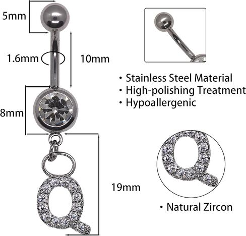 316L Stainless Steel Letter Belly Ring - 1.6mm Thickness, 10mm Bar Length, 8mm Zircon Charm, Hypoallergenic Navel Piercing Jewelry, High Polish Finish in Saudi Arabia