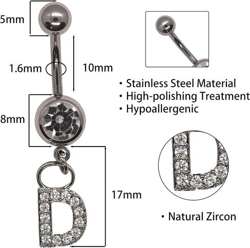 316L Stainless Steel Letter Belly Ring - 1.6mm Thickness, 10mm Bar Length, 8mm Zircon Charm, Hypoallergenic Navel Piercing Jewelry, High Polish Finish in Saudi Arabia