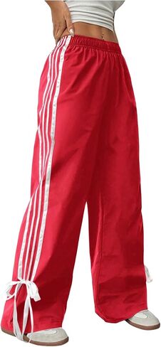 WDIRARA Women's Petite Side Striped Bowknot Track Pants Elastic Waist Wide Leg Baggy Sweatpants Streetwear in Saudi Arabia