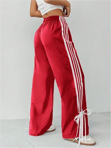 WDIRARA Women's Petite Side Striped Bowknot Track Pants Elastic Waist Wide Leg Baggy Sweatpants Streetwear in Saudi Arabia