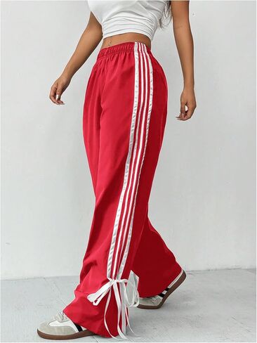 WDIRARA Women's Petite Side Striped Bowknot Track Pants Elastic Waist Wide Leg Baggy Sweatpants Streetwear in Saudi Arabia