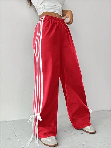 WDIRARA Women's Petite Side Striped Bowknot Track Pants Elastic Waist Wide Leg Baggy Sweatpants Streetwear in Saudi Arabia