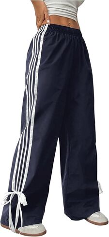 Wdirara Women's Petite Side Striped Bowknot Track Pants مرنة الخصر على عريض الساق الفضفاضة in Saudi Arabia