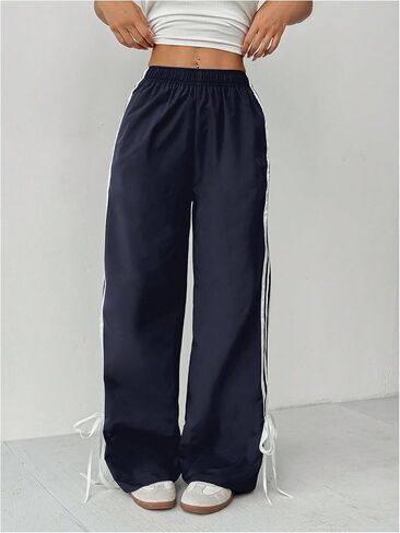 Wdirara Women's Petite Side Striped Bowknot Track Pants مرنة الخصر على عريض الساق الفضفاضة in Saudi Arabia