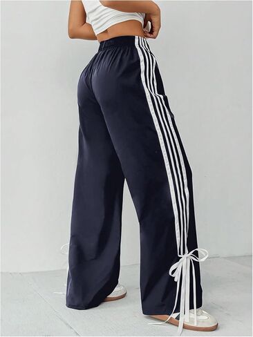 Wdirara Women's Petite Side Striped Bowknot Track Pants مرنة الخصر على عريض الساق الفضفاضة in Saudi Arabia