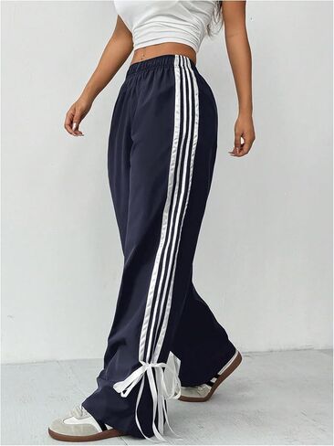 Wdirara Women's Petite Side Striped Bowknot Track Pants مرنة الخصر على عريض الساق الفضفاضة in Saudi Arabia