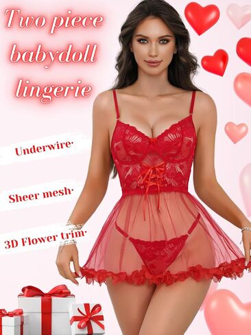 Heart Lace Babydoll Dress,3D Floral Sheer Mesh Lingerie Set,Sexy Night Gowns For Women Boudoir Valentines in Kuwait