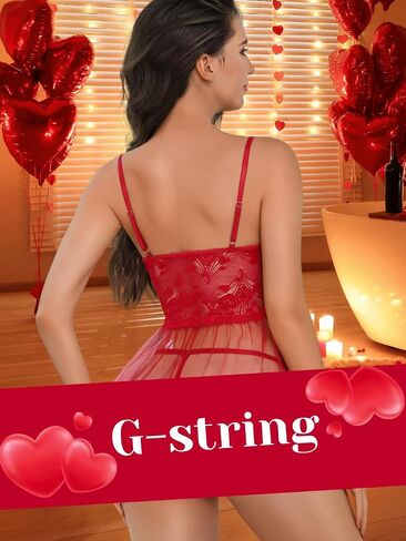 Heart Lace Babydoll Dress,3D Floral Sheer Mesh Lingerie Set,Sexy Night Gowns For Women Boudoir Valentines in Kuwait
