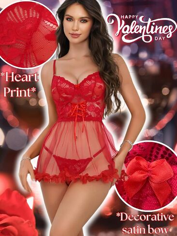 Heart Lace Babydoll Dress,3D Floral Sheer Mesh Lingerie Set,Sexy Night Gowns For Women Boudoir Valentines in Kuwait