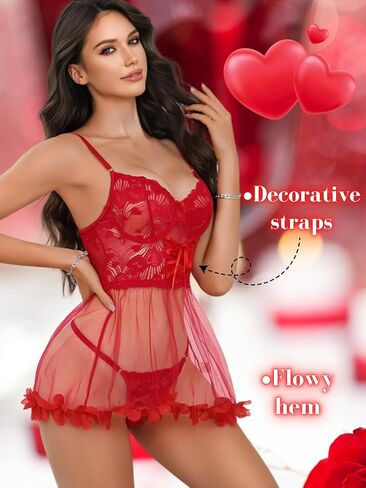 Heart Lace Babydoll Dress,3D Floral Sheer Mesh Lingerie Set,Sexy Night Gowns For Women Boudoir Valentines in Kuwait