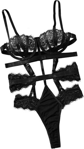 Women One Piece Lingerie Sexy Lace Harness Lingerie Bodysuit Crotch Babydoll Teddy Underwear in Kuwait