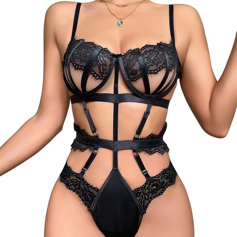 Women One Piece Lingerie Sexy Lace Harness Lingerie Bodysuit Crotch Babydoll Teddy Underwear in Kuwait