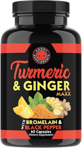 Angry Supplements Turmeric Ginger Maxx 60 Capsules – w. Turmeric, Ginger Root, Omega 3, Bromelain, Quercetin & Black Pepper Extract – Natural Wellness & Antioxidant for Men & Women (1-Bottle) in Kuwait