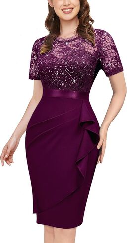 Miusol Women's Elegant Sequin Floral Lace Scoop Neck Ruffle Style Cocktail Party Dress in Saudi Arabia