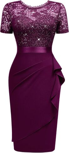 Miusol Women's Elegant Sequin Floral Lace Scoop Neck Ruffle Style Cocktail Party Dress in Saudi Arabia