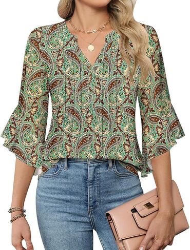 AKEWEI 3/4 Length Sleeve Womens Tops Double Layered Dressy Casual Business Work Blouses V Neck Office Tunic Shirts in Saudi Arabia