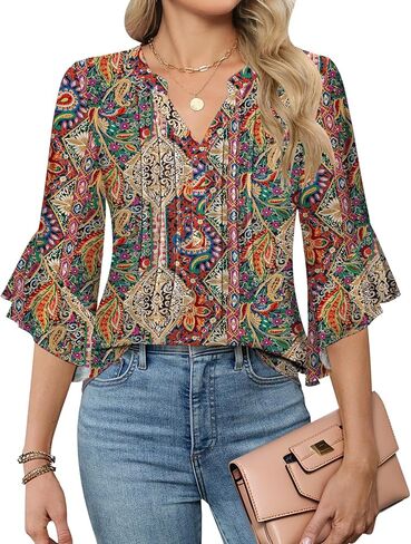AKEWEI 3/4 Length Sleeve Womens Tops Double Layered Dressy Casual Business Work Blouses V Neck Office Tunic Shirts in Saudi Arabia