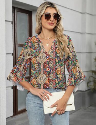 AKEWEI 3/4 Length Sleeve Womens Tops Double Layered Dressy Casual Business Work Blouses V Neck Office Tunic Shirts in Saudi Arabia