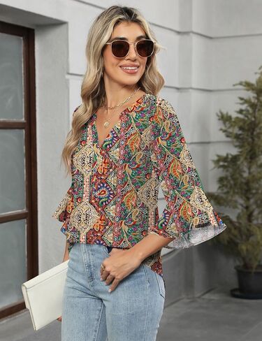 AKEWEI 3/4 Length Sleeve Womens Tops Double Layered Dressy Casual Business Work Blouses V Neck Office Tunic Shirts in Saudi Arabia