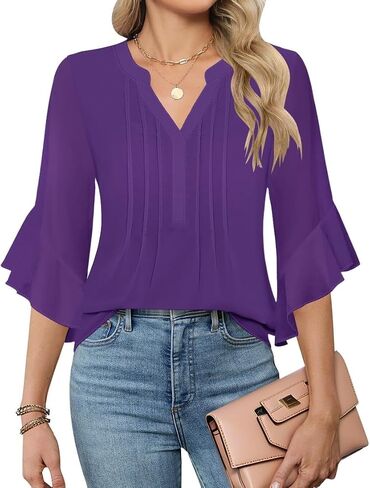 AKEWEI 3/4 Length Sleeve Womens Tops Double Layered Dressy Casual Business Work Blouses V Neck Office Tunic Shirts in Saudi Arabia