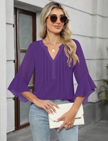 AKEWEI 3/4 Length Sleeve Womens Tops Double Layered Dressy Casual Business Work Blouses V Neck Office Tunic Shirts in Saudi Arabia