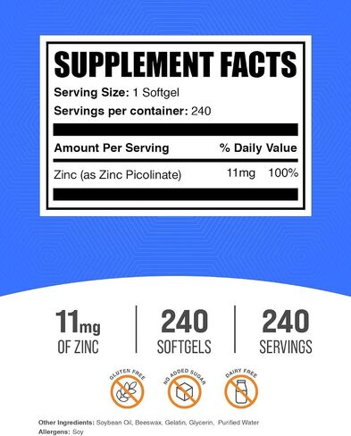 BulkSupplements.com كبسولات هلامية بيكولينات الزنك - مكملات الزنك، 11 مجم، كبسولات الزنك - كبسولات هلامية زنك لدعم المناعة، خالية من الغلوتين - 1 كبسولة هلامية لكل وجبة، 240 كبسولة هلامية in Saudi Arabia