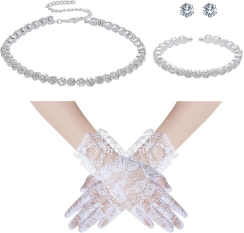 choyaxo 4pcs Silver Necklace Set Including Rhinestone Necklace Earrings Bracelet Gloves for Tea Party Bridal Wedding Formal Costume Jewelry in Kuwait