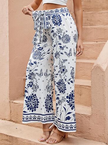 ZAFUL Women's Wide Leg Elastic Band Tied Pants High Waisted Printed Casual Palazzo Pants in Saudi Arabia