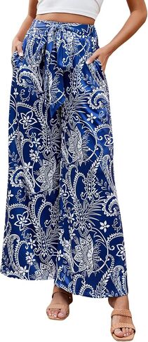ZAFUL Women's Wide Leg Elastic Band Tied Pants High Waisted Printed Casual Palazzo Pants in Saudi Arabia