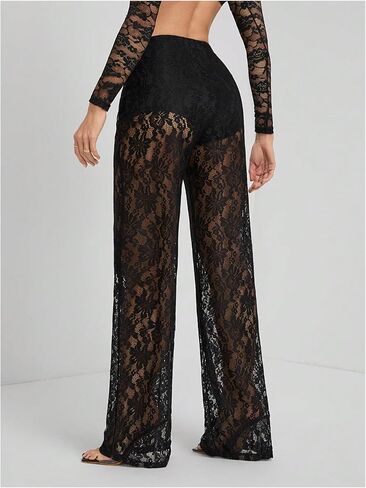 Women's Y2K Floral Lace See Through Pants Sheer Straight Leg Long Pants Club Wear in Kuwait