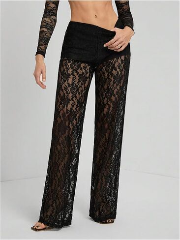 Women's Y2K Floral Lace See Through Pants Sheer Straight Leg Long Pants Club Wear in Kuwait