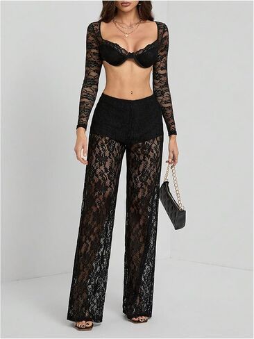 Women's Y2K Floral Lace See Through Pants Sheer Straight Leg Long Pants Club Wear in Kuwait