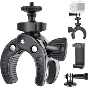 UTEBIT Camera Bike Mount Clamp with 1/4" Screw and Phone Clip for Bike, Bicycles, Vehicles, Motorcycle 360° Rotation Roll Bar Action Camera Cell Phone Handlebar Holder