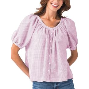Tanming Womens Summer Plaid Button Down Shirts Short Puff Sleeve Cotton Crew Neck Gingham Blouses Tops