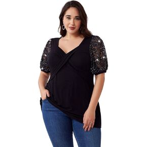 Sequins Plus Size Tops for Women Elegant Shirt Lace Half Sleeve Tunic Gowns Evening Cocktail Blouse