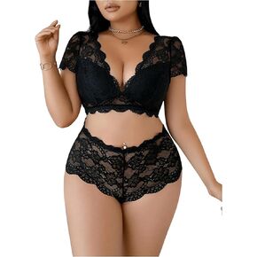 Wdirara Women's Plus Size Lace Lingerie Set 2 قطعة V قطعة أعلى