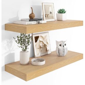 12" Deep Floating Shelves, 36 x 12 Inch Wall Mounted Long Floating Shelf with Invisible Brackets, for Home Decor, Bedroom, Kitchen, Living Room, Bathroom - 2 Pack, Oak
