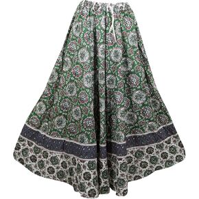 Womens Summer Skirt Green Floral Maxi Skirt Cotton Beach Boho Flared Printed Skirts, S/M