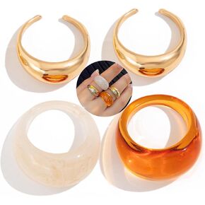 4Pcs Chunky Colorful Resin Stack Rings Set for Women Fashion Rainbow Acrylic Statement Ring Vintage Gold Plastic Knuckle Jewelry Stackable Accessories