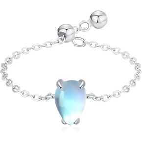 Kokoma Moonstone Heart Ring for Women Crystal Teardrop Link Chain Statement Stacking Rings Engagement Promise Finger Band Dangle Ball Adjustable