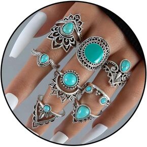 Turquoise Ring Sets for Women Western Turquoise Stacking Knuckle Rings Bohemian Vintage Stackable Finger Ring Non Tarnish Stacking Thumb Ring Western Jewelry Accessories