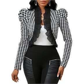 MakeMeChic Women's Houndstooth Print Open Front Blazer Jacket Puff Sleeve Ruffle Trim Cardigan Jackets
