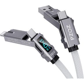 pzoz 60W 4-in-1 USB C Fast Charging Cable with LED Display, Multi USBC Charger Combo Lightning/Type C/USB A Metal Ports for iPhone iPad MacBook AirPods Pro Samsung Google and More, 5ft in Saudi Arabia