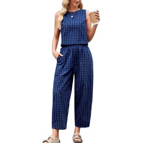 Women's 2 Piece Lounge Outfits Plaid Sleeveless Tank Tops Pullover High Waist Wide Leg Barrel Pants Tracksuits