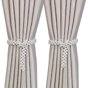 2PCS Butterfly Silver Curtain Tiebacks Curtain Buckle Tie Downs with Stretchy Wire Rope for Home and Office Decor