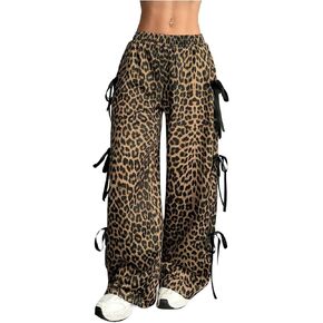 Women's Leopard Print Wide Leg Sweatpants Bow Knot Elastic Waist Loose Long Pants Streetwear