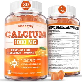 Calcium Citrate 1000 mg Supplement Gummies - Chelated Calcium Gummies Plus Vitamin D3, K2, B6, B12, Magnesium, Zinc, Boron, Selenium & Omega-3 - Support B0ne Muscle Immune for Adults 60 Count